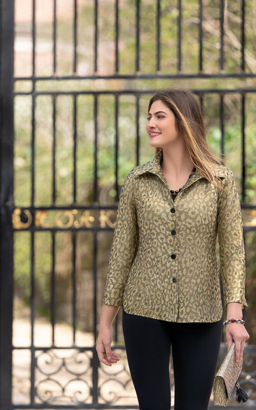 Slinky Leopard Button Front Shirt With Stand Collar