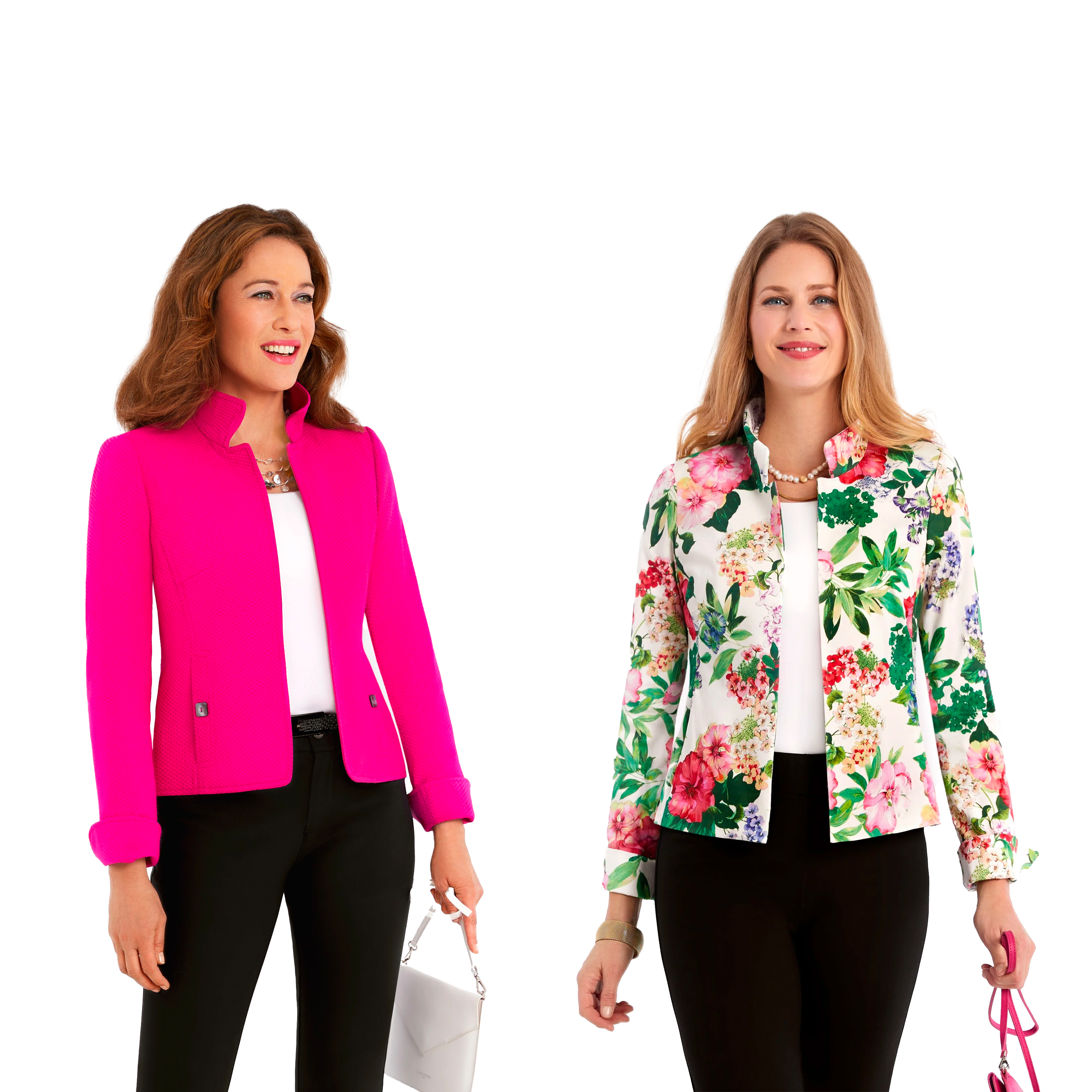 Two women wearing elegant pink and floral jacket