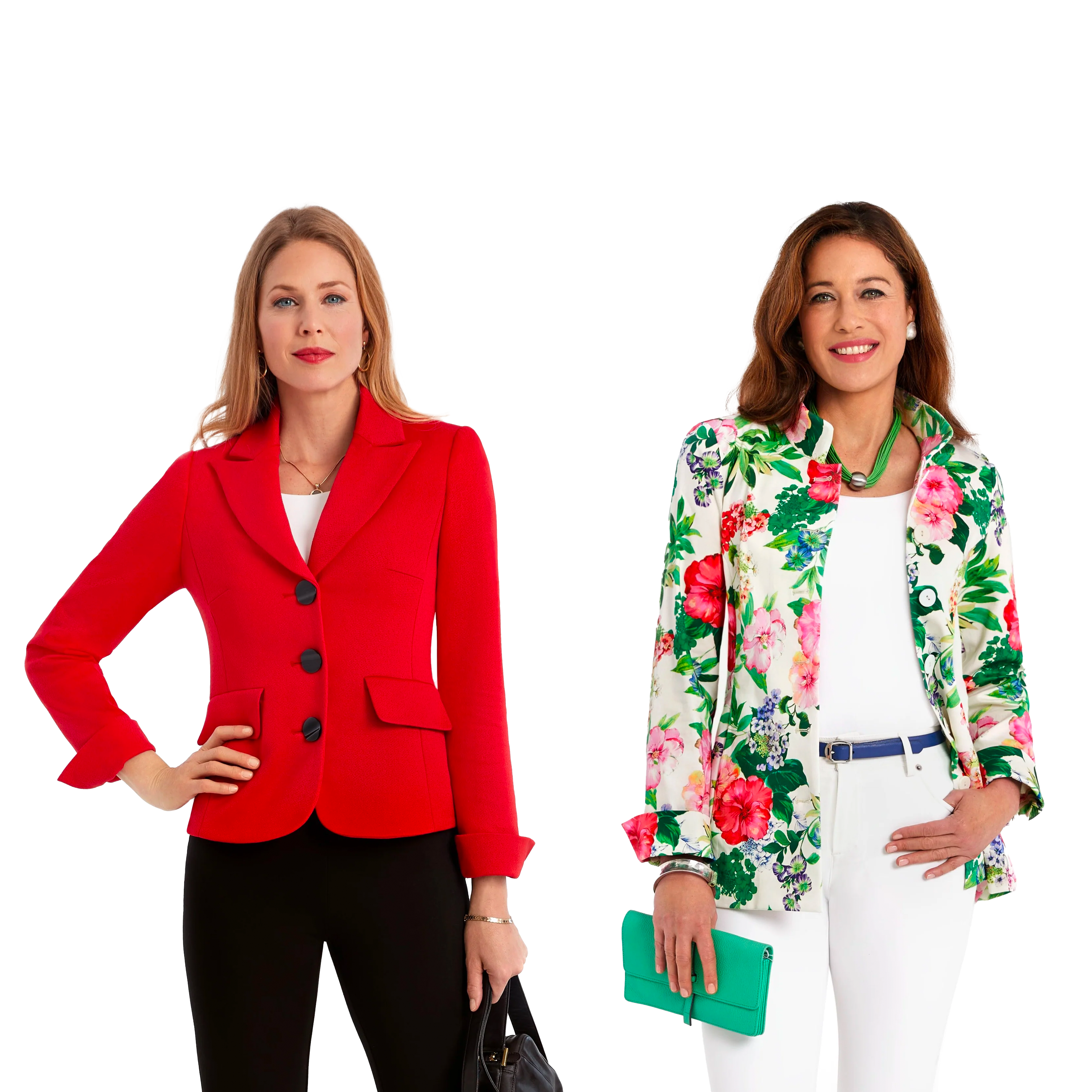Two women posing in chic red and floral jackets