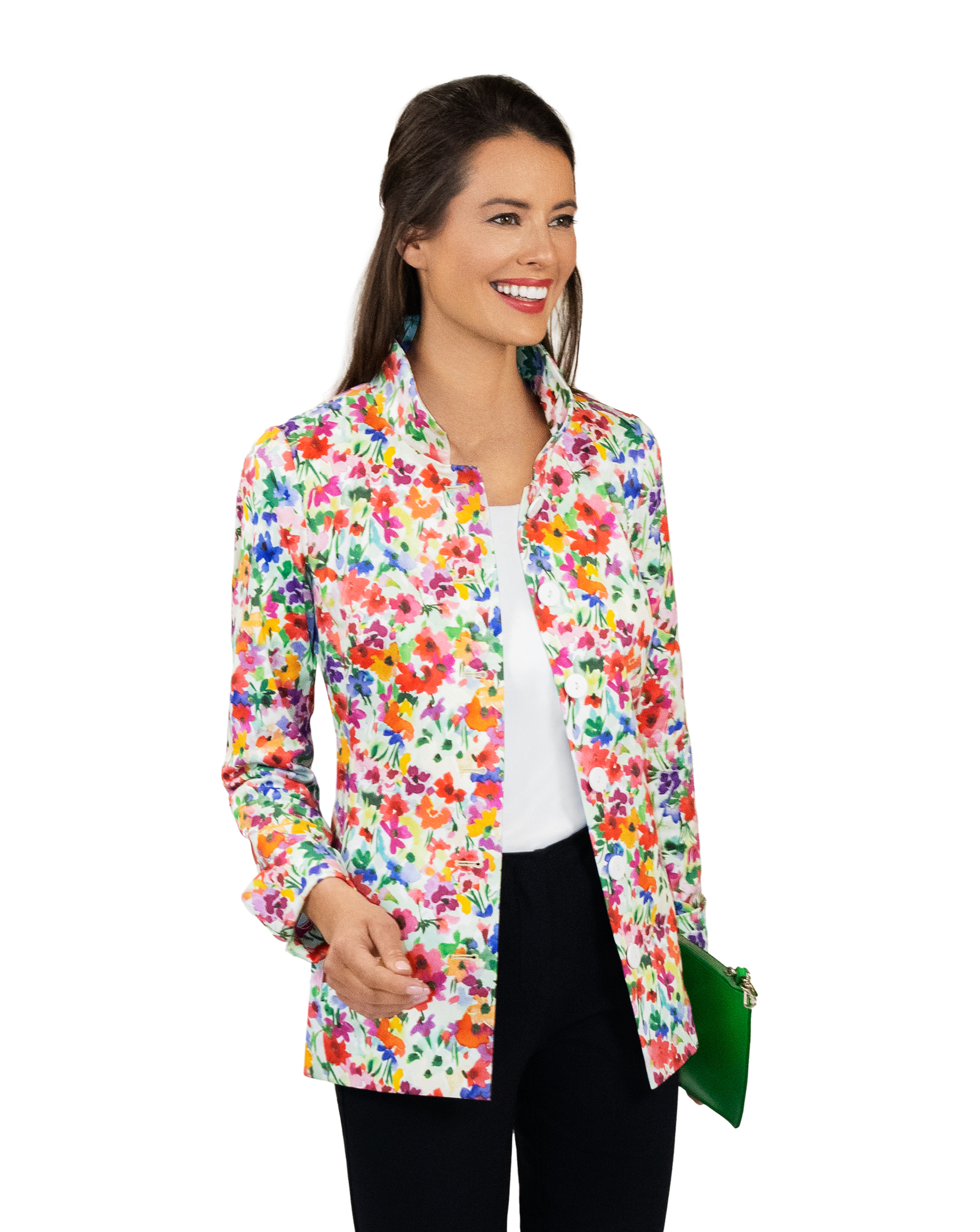 Stretch Printed Cotton Watercolor Wild Flowers Shirt Jacket